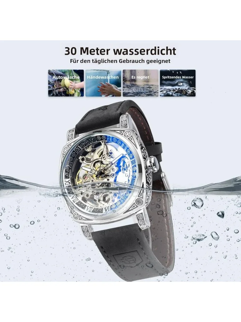 Men's Black Square Mechanical Leather Strap Self-Wind Carved Automatic Watch